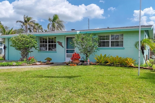 single story home featuring a front lawn and stucco siding