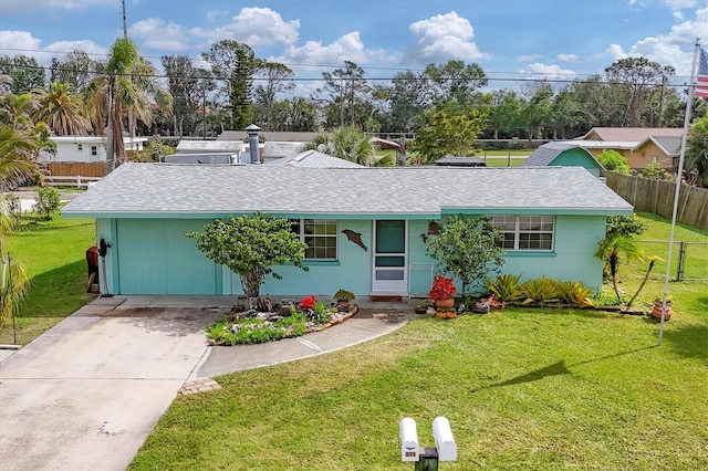 single story home featuring driveway, a front lawn, roof with shingles, and fence