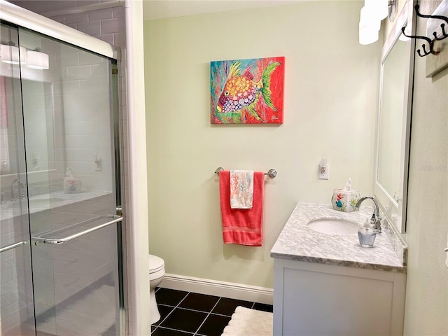 full bathroom featuring baseboards, tile patterned flooring, and a shower stall