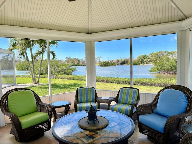 sunroom / solarium featuring a water view and plenty of natural light