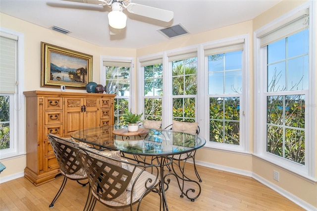 sunroom / solarium featuring a healthy amount of sunlight, visible vents, and ceiling fan