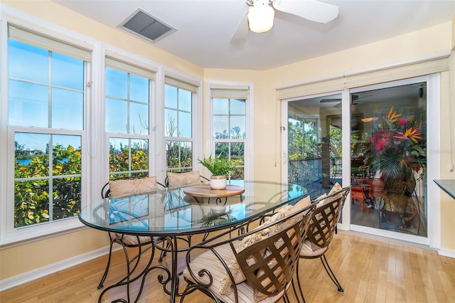 sunroom / solarium with a ceiling fan and visible vents