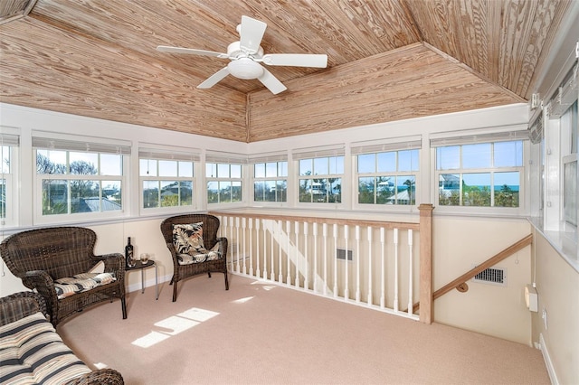 sunroom featuring vaulted ceiling, visible vents, plenty of natural light, and wood ceiling