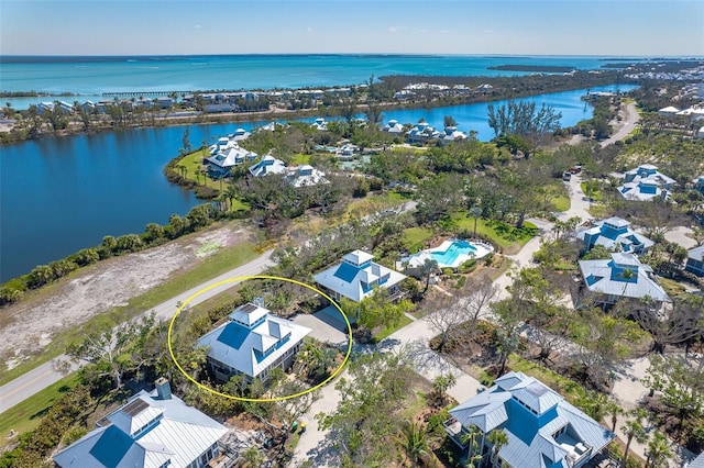 aerial view featuring a water view