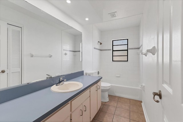 bathroom featuring visible vents, toilet, a closet, tile patterned flooring, and vanity