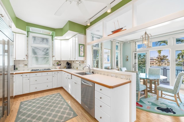 kitchen featuring appliances with stainless steel finishes, light wood-type flooring, a sink, and a peninsula