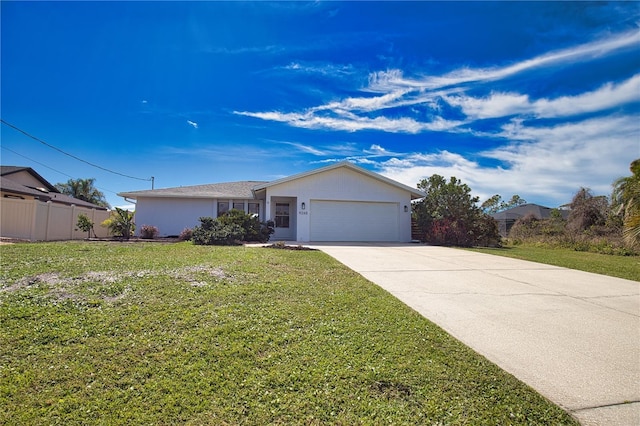 ranch-style house featuring stucco siding, concrete driveway, an attached garage, fence, and a front lawn