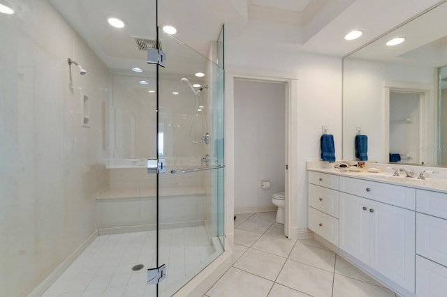 full bath with visible vents, toilet, tile patterned floors, vanity, and a shower stall