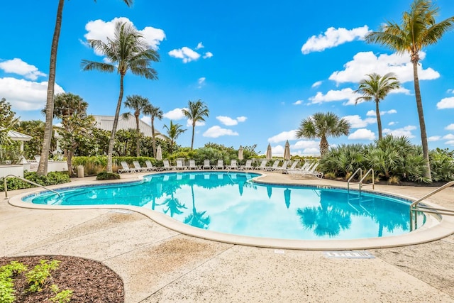 community pool with a patio area