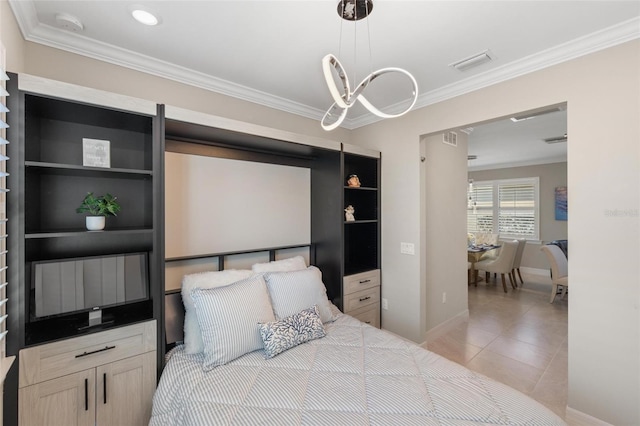 bedroom featuring baseboards, light tile patterned flooring, visible vents, and crown molding