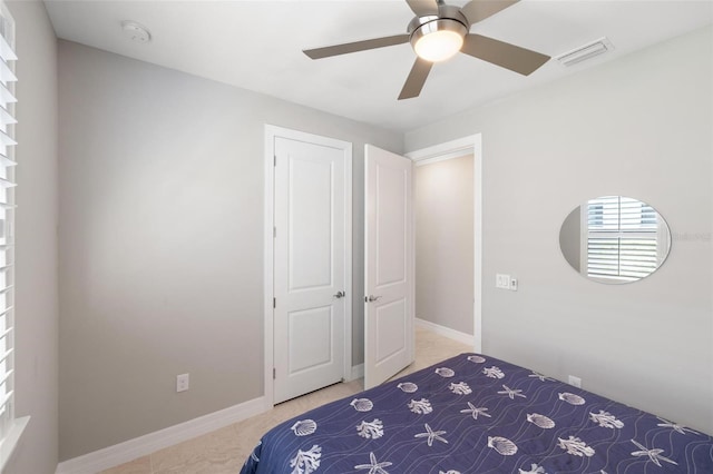 bedroom featuring ceiling fan, visible vents, and baseboards