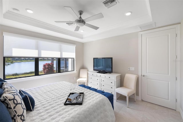 bedroom with ornamental molding, a raised ceiling, visible vents, and recessed lighting