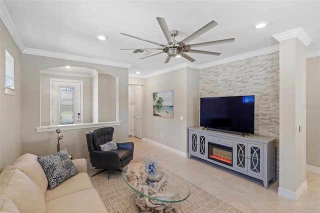 13137 Oriago St, Venice, FL 34293 - living area featuring visible vents, baseboards, a ceiling fan, crown molding, and recessed lighting