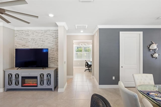 13137 Oriago St, Venice, FL 34293 - living room featuring ornamental molding, baseboards, a ceiling fan, and visible vents