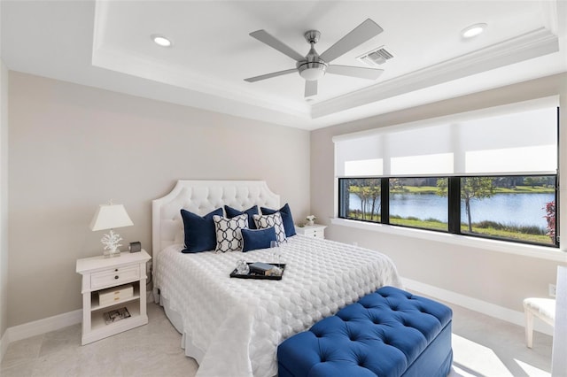 13137 Oriago St, Venice, FL 34293 - bedroom with a tray ceiling, baseboards, recessed lighting, and visible vents
