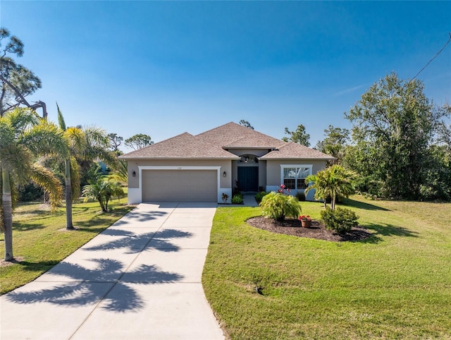 view of front of home with stucco siding, a shingled roof, an attached garage, a front yard, and driveway