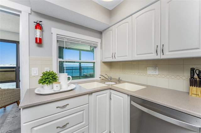 kitchen with light countertops, white cabinets, a sink, and stainless steel dishwasher