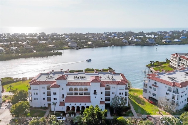 drone / aerial view featuring a water view