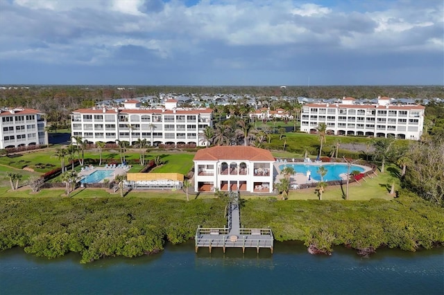 drone / aerial view featuring a water view