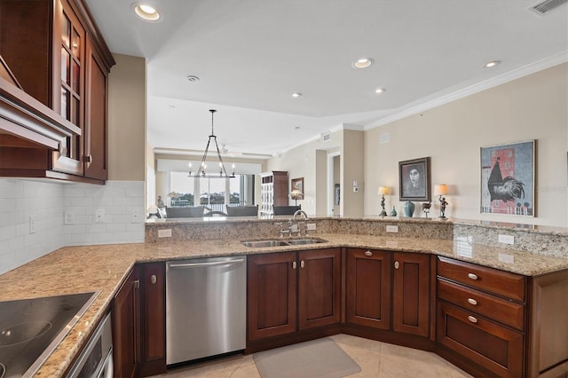 kitchen with light stone counters, visible vents, a sink, dishwasher, and black electric cooktop