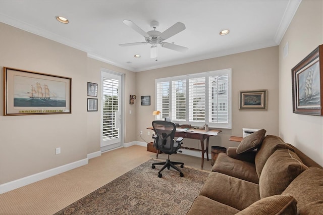 office featuring carpet, baseboards, crown molding, and recessed lighting