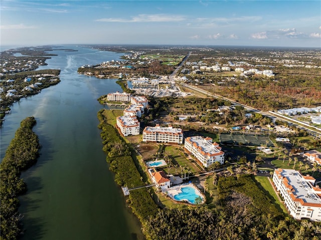 drone / aerial view featuring a water view