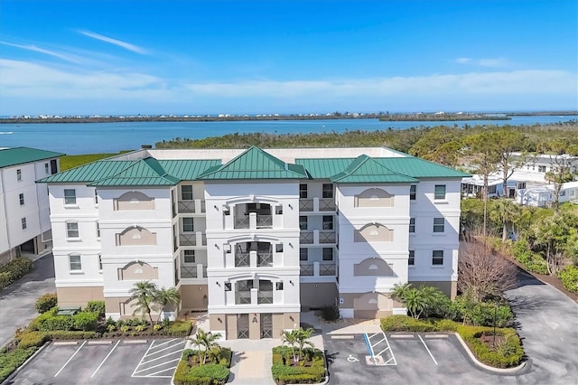 drone / aerial view with a water view