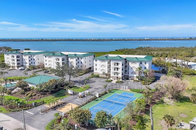 drone / aerial view with a water view