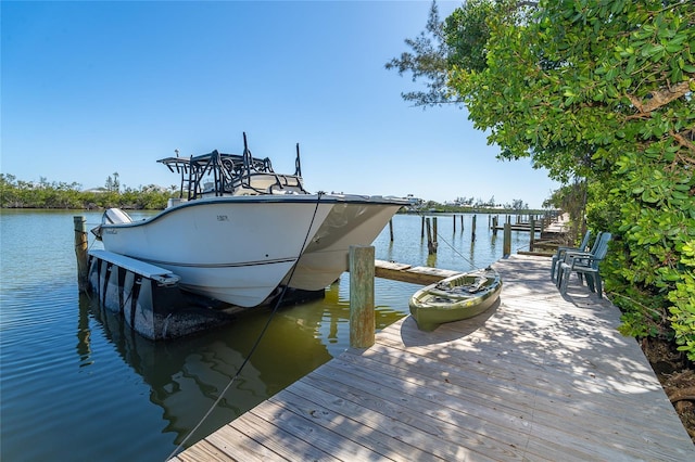 view of dock with a water view and boat lift