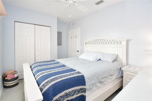 carpeted bedroom with a ceiling fan, a closet, visible vents, and electric panel