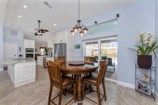 dining room with visible vents, baseboards, and ceiling fan with notable chandelier