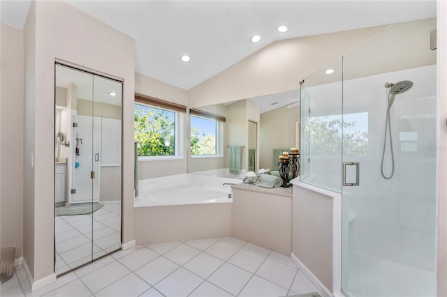 full bathroom featuring tile patterned floors, a garden tub, a stall shower, recessed lighting, and lofted ceiling