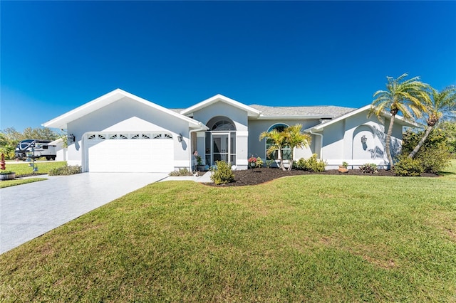 single story home featuring concrete driveway, stucco siding, a garage, and a front lawn