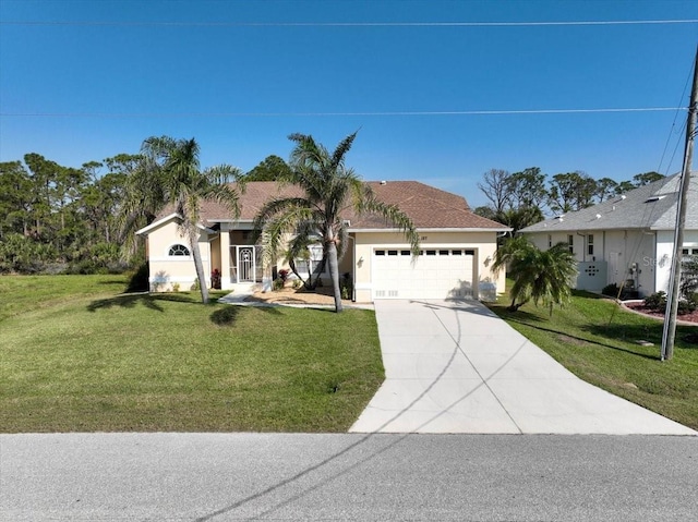 ranch-style home with a garage, a front yard, concrete driveway, and stucco siding