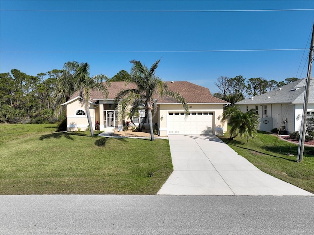 ranch-style house with driveway, an attached garage, a front lawn, and stucco siding