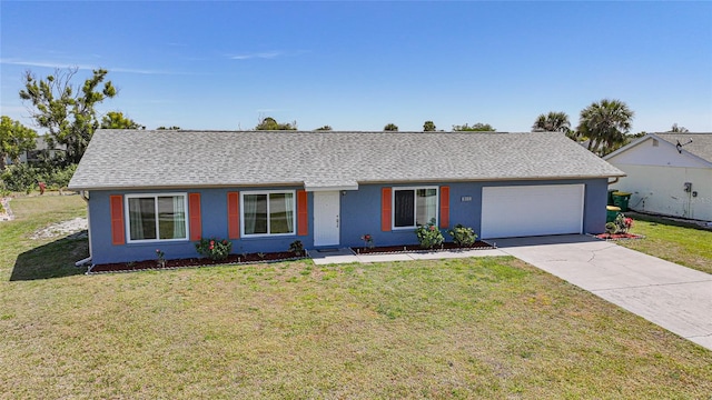 single story home featuring stucco siding, an attached garage, driveway, and a front yard