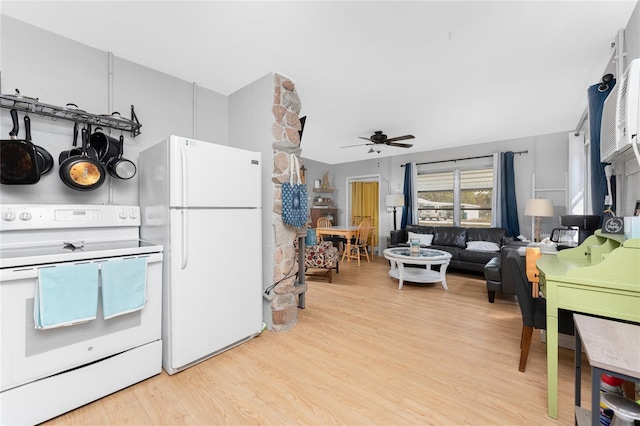 kitchen featuring light wood finished floors, white appliances, and a ceiling fan