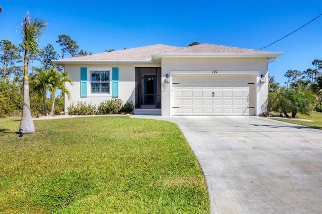 ranch-style home with stucco siding, driveway, a front lawn, roof with shingles, and a garage