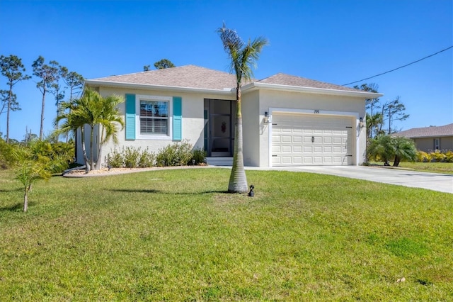 ranch-style home with stucco siding, a front lawn, concrete driveway, and an attached garage