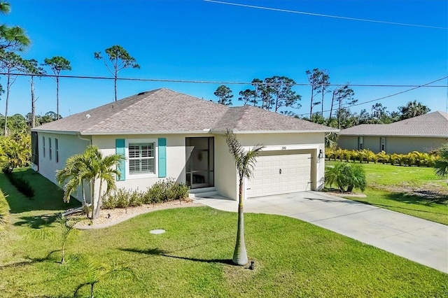 ranch-style house with roof with shingles, an attached garage, stucco siding, a front lawn, and concrete driveway