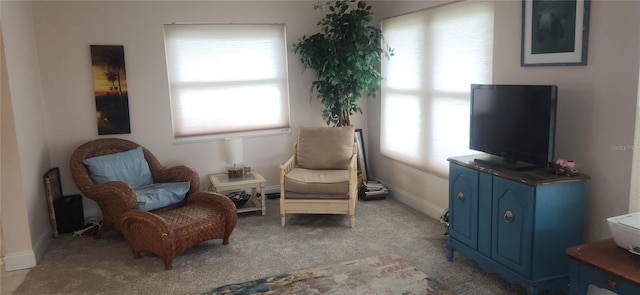 sitting room with light colored carpet and baseboards