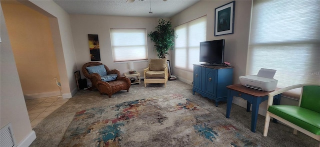 sitting room with a textured ceiling, light carpet, visible vents, and baseboards