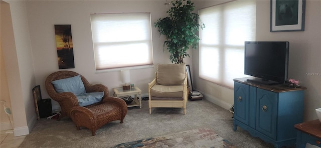 living area featuring baseboards and light colored carpet