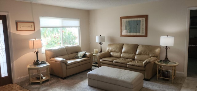 living room with a textured ceiling