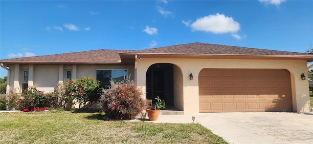 ranch-style home featuring stucco siding, driveway, roof with shingles, a front yard, and a garage