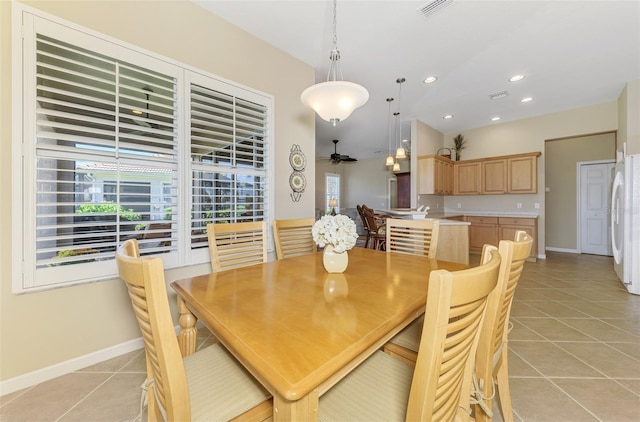 dining area featuring light tile patterned floors, visible vents, baseboards, and recessed lighting