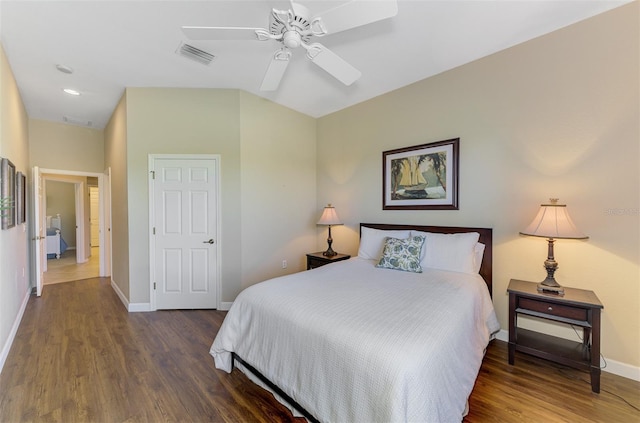 bedroom featuring visible vents, a ceiling fan, wood finished floors, recessed lighting, and baseboards