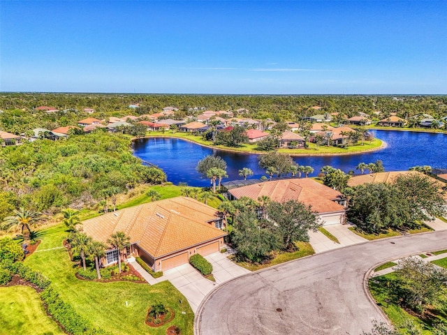 birds eye view of property with a water view and a residential view