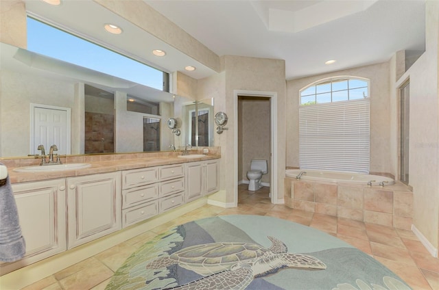 full bath featuring a garden tub, toilet, a stall shower, and a sink