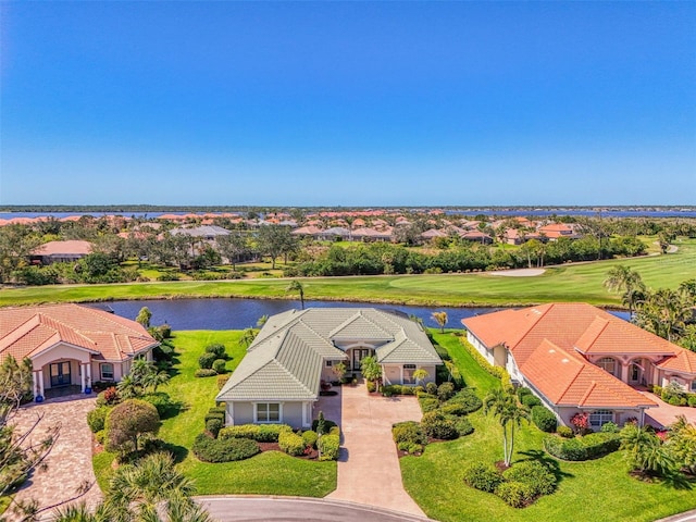 aerial view featuring a water view